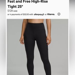 LuluLemon Black Leggings/ Fast and Free High Rise Tight 25”